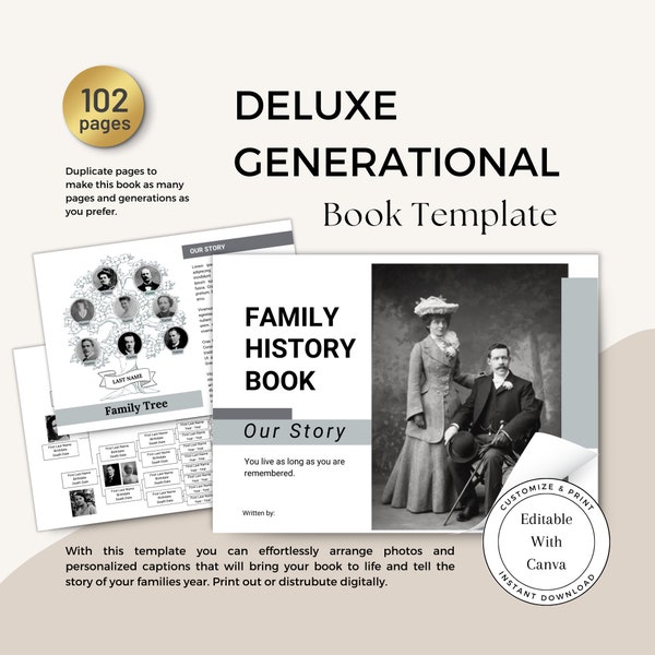 DELUXE GENERATIONAL Familien Stammbuch Vorlage / Anpassen mit Canva / Einfach zu bearbeitendes druckbares Buch / 4 Stammbäume / Genealogie