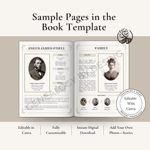 May include: A sample page from a book template, featuring biographical information and family history. The left page displays a portrait of Angus James O'Dell, with details about his father, mother, and siblings. The right page includes a portrait of Katy Irene Finley and information about her family.