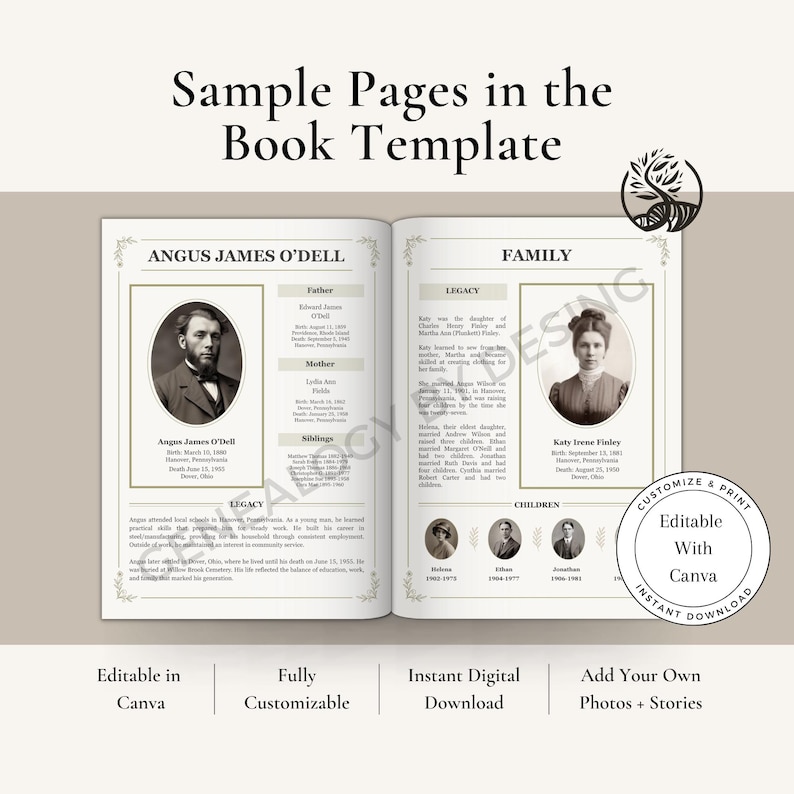 May include: A sample page from a book template, featuring biographical information and family history. The left page displays a portrait of Angus James O'Dell, with details about his father, mother, and siblings. The right page includes a portrait of Katy Irene Finley and information about her family.