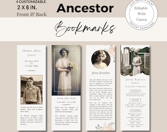 Puede incluir: Cuatro marcadores imprimibles con diseños florales y fotos vintage. Cada marcador presenta a una persona diferente con su nombre, fechas y una breve biografía. Los marcadores miden 2 pulgadas por 6 pulgadas y son personalizables con Canva.