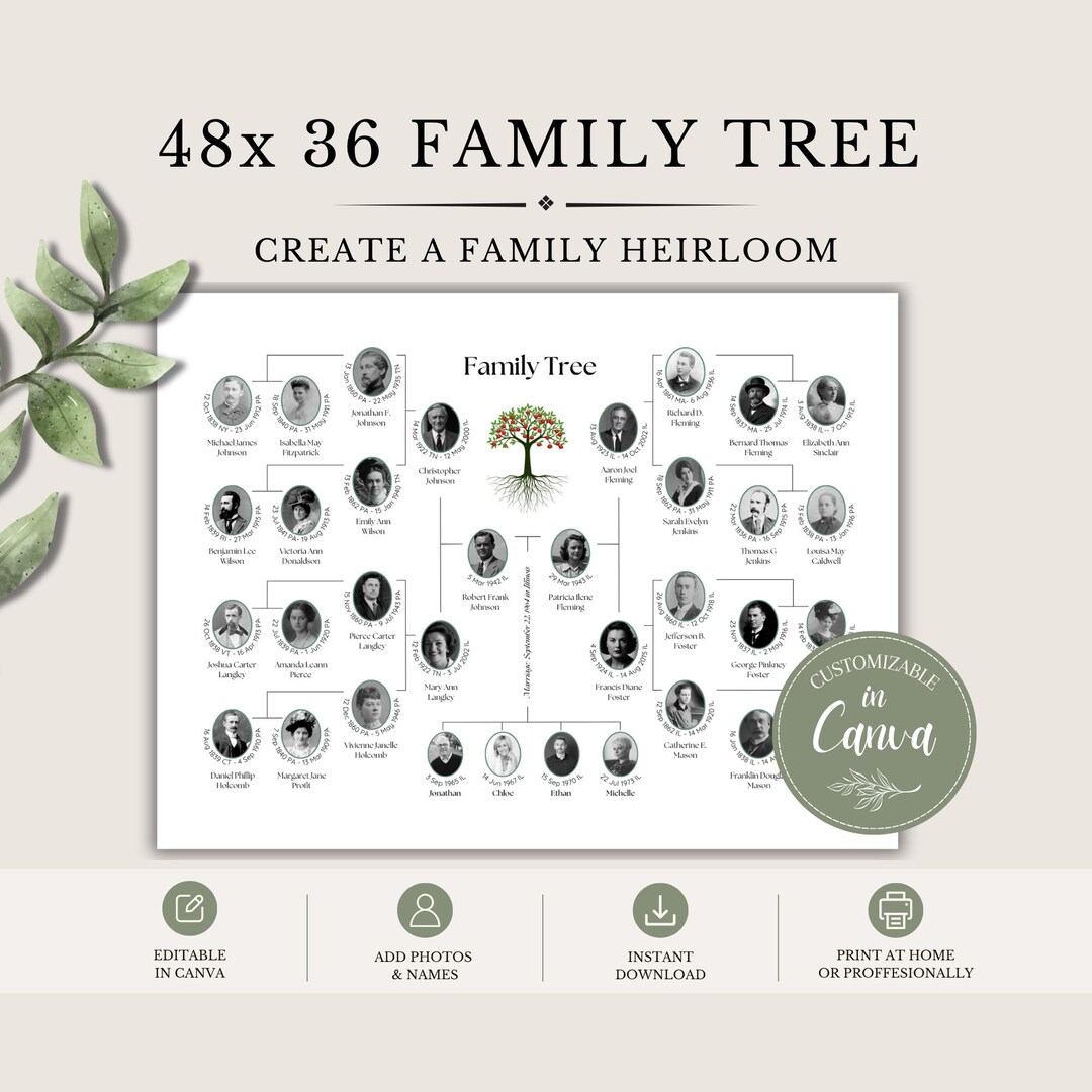 Family Tree Canva Template | 48 X 36 Genealogy Wall Art | Family ...