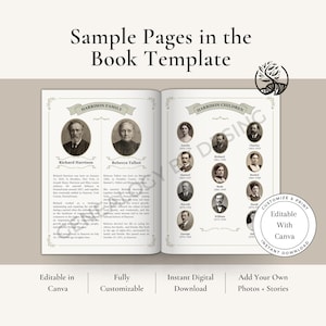 May include: A book template spread with family tree pages. The left page features portraits of Richard Harrison and Rebecca Talbot. The right page displays portraits of Harrison children. Text includes "Sample Pages in the Book Template."