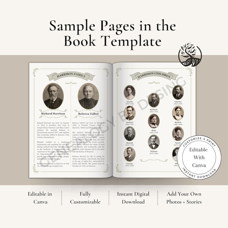 May include: A book template spread with family tree pages. The left page features portraits of Richard Harrison and Rebecca Talbot. The right page displays portraits of Harrison children. Text includes "Sample Pages in the Book Template."
