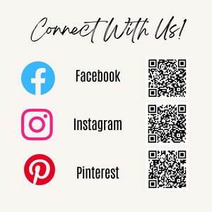 May include: Connect with us! A graphic with the Facebook, Instagram, and Pinterest logos and their corresponding QR codes.