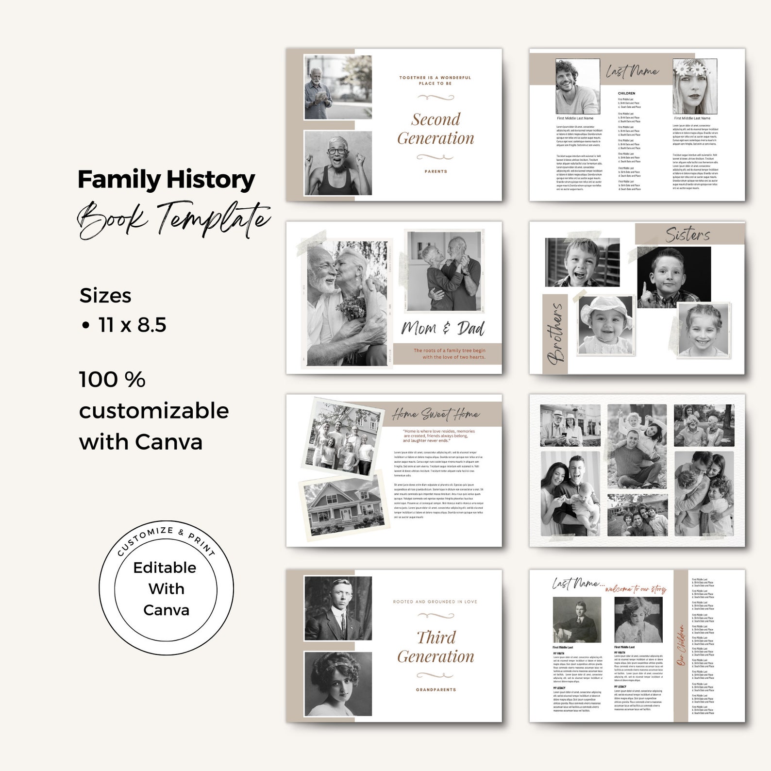 Family History Book Template: 5-generation Genealogy (canva Editable ...