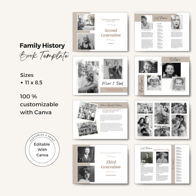 Family History Book Template: 5-generation Genealogy (canva Editable ...