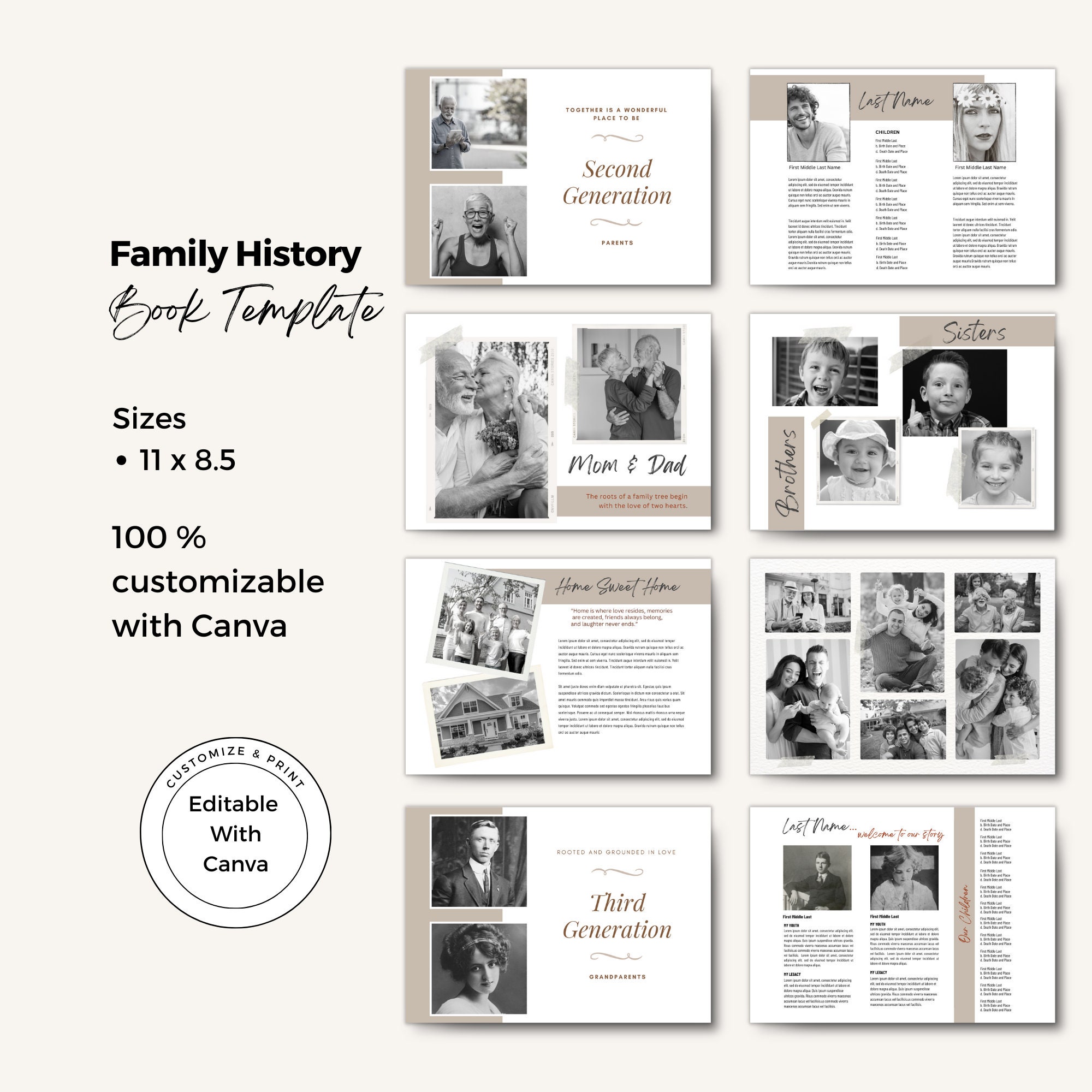 Family History Book Template: 5-generation Genealogy (canva Editable ...