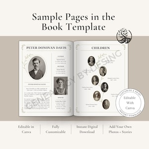 May include: Open book template pages with family tree information. The left page features a portrait of Peter Donovan Davis, with details about his father, mother, and spouse. The right page displays portraits of his children. Text includes "Sample Pages in the Book Template."