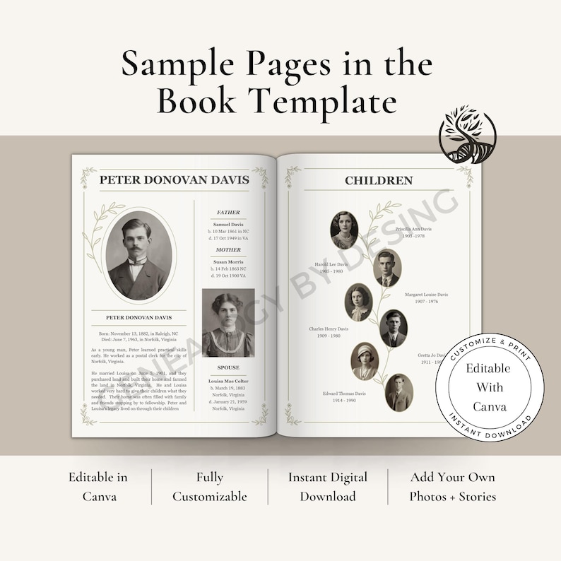 May include: Open book template pages with family tree information. The left page features a portrait of Peter Donovan Davis, with details about his father, mother, and spouse. The right page displays portraits of his children. Text includes "Sample Pages in the Book Template."
