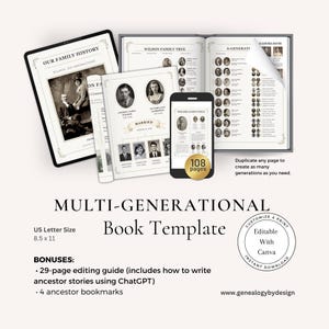 May include: A multi-generational book template with a family tree theme. The image shows a tablet, open book, and smartphone displaying family history pages. The template is US Letter size, 21.59 x 27.94 cm, and includes a 29-page editing guide and ancestor bookmarks.