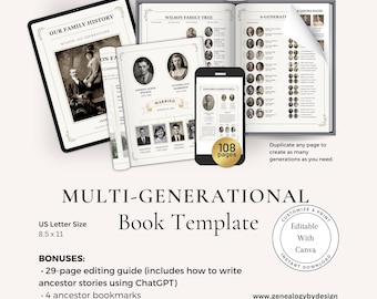 May include: A multi-generational book template with a family tree theme. The image shows a tablet, open book, and smartphone displaying family history pages. The template is US Letter size, 8.5 x 11 inches, and includes a 29-page editing guide and ancestor bookmarks.