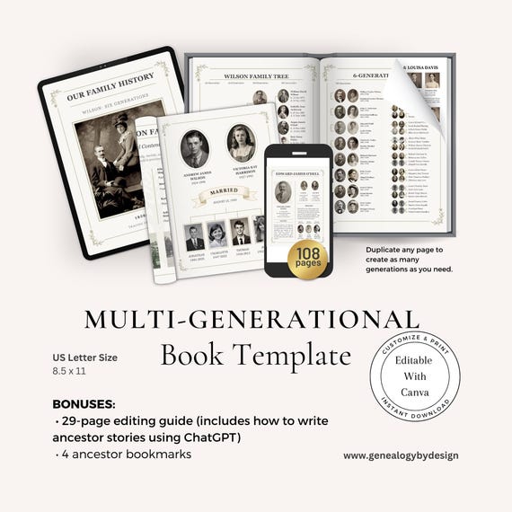 Editable Family History Book Template | Canva Genealogy Book | Printable Memory Album | US Letter & A4