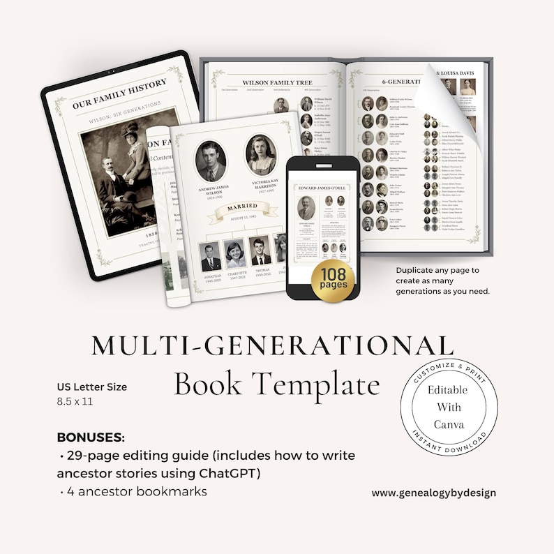 May include: A multi-generational book template with a family tree theme. The image shows a tablet, open book, and smartphone displaying family history pages. The template is US Letter size, 8.5 x 11 inches, and includes a 29-page editing guide and ancestor bookmarks.