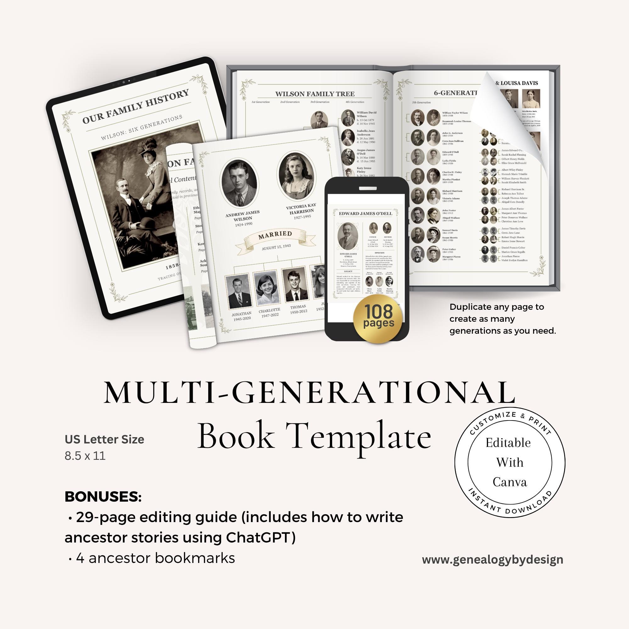 Editable Family History Book Template | Canva Genealogy Book ...