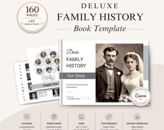 May include: A deluxe family history book template with the title "Davis Family History: Our Story." The cover features a vintage photograph of a couple. The book includes 160 pages, bonus pages, and is customizable. The book's dimensions are US 11 x 8.5 inches.
