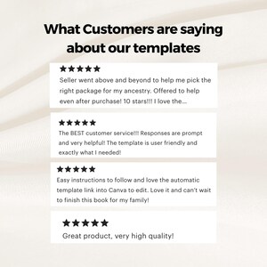 May include: Four customer reviews with five star ratings for a product. The reviews highlight the seller's excellent customer service, user-friendly templates, and high quality products.