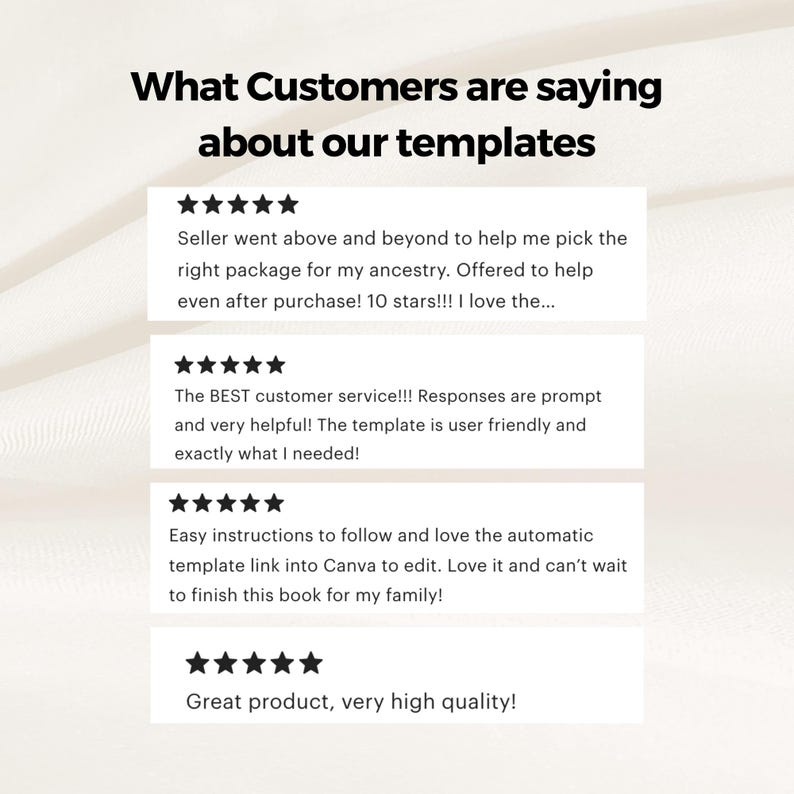 May include: Four customer reviews with five star ratings for a product. The reviews highlight the seller's excellent customer service, user-friendly templates, and high quality products.