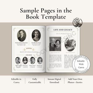May include: Open book template with sample pages. The pages feature vintage photographs and text, including the title "Sample Pages in the Book Template." The pages are designed for customization and include the text "Editable with Canva."