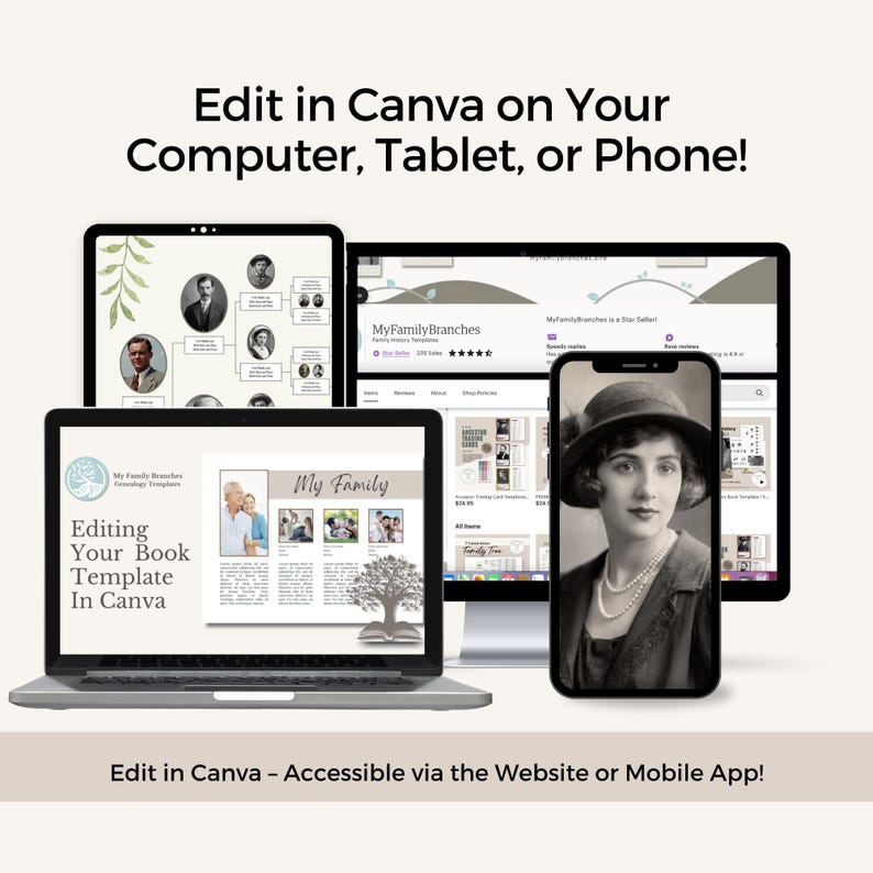 May include: A laptop, tablet, and phone displaying a website called "MyFamilyBranches" with a family tree template. The text "Edit in Canva on Your Computer, Tablet, or Phone!" is at the top of the image. The text "Edit in Canva - Accessible via the Website or Mobile App!" is at the bottom of the image.