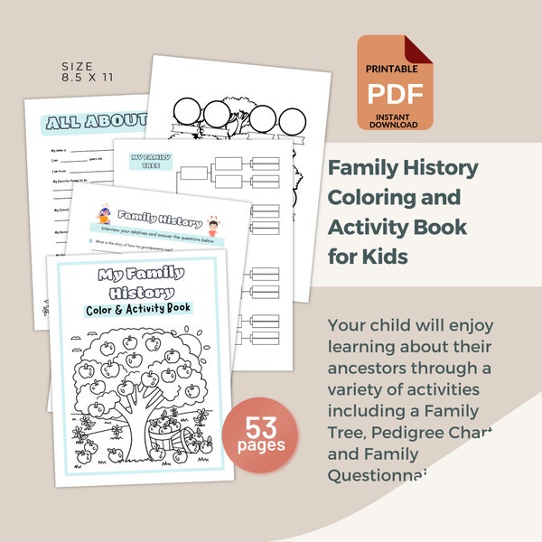 Kids Family History Coloring & Activity Book / Pedigree Chart / Instant Download / Family Tree / Printable PDF / Genealogy for children