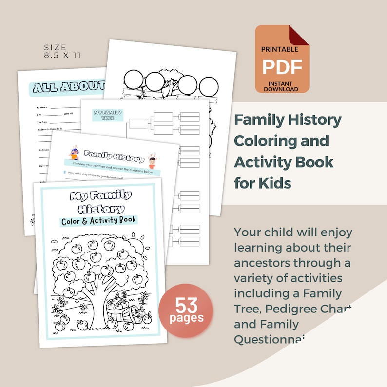 Kids Family History Coloring & Activity Book / Pedigree Chart / Instant