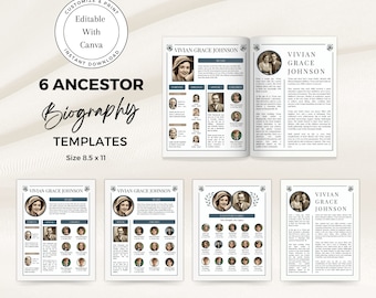 May include: Six printable biography templates in a blue and white color scheme. Each template features a space for a photo, a title, and a biography. The templates are designed to be used with Canva.