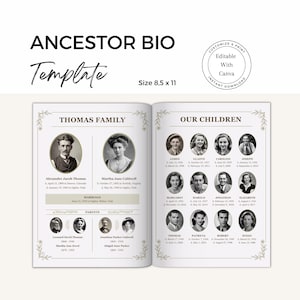 May include: A printable template for creating an ancestor bio. The template includes sections for a family tree, marriage information, and a list of children. The template is customizable and can be edited using Canva.