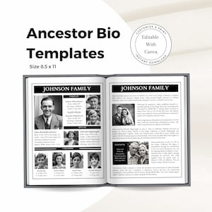 Op de afbeelding: Zwart-wit foto sjablonen voor het maken van familiegeschiedenisbiografieën. De sjablonen hebben een stamboomlay-out met ruimte voor foto's, namen en data. De sjablonen zijn 8,5 x 11 inch en kunnen worden aangepast met Canva.