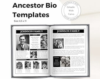 Puede incluir: Plantillas de fotos en blanco y negro para crear biografías de historia familiar. Las plantillas presentan un diseño de árbol genealógico con espacio para fotos, nombres y fechas. Las plantillas miden 8,5 x 11 pulgadas y son personalizables con Canva.