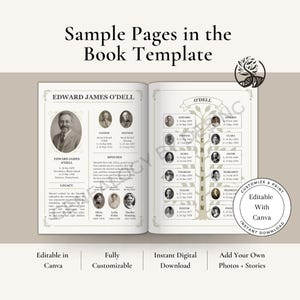 May include: A digital book template with sample family tree pages. The left page features a portrait and biographical information. The right page displays a family tree diagram with names and dates. Text includes "Sample Pages in the Book Template".