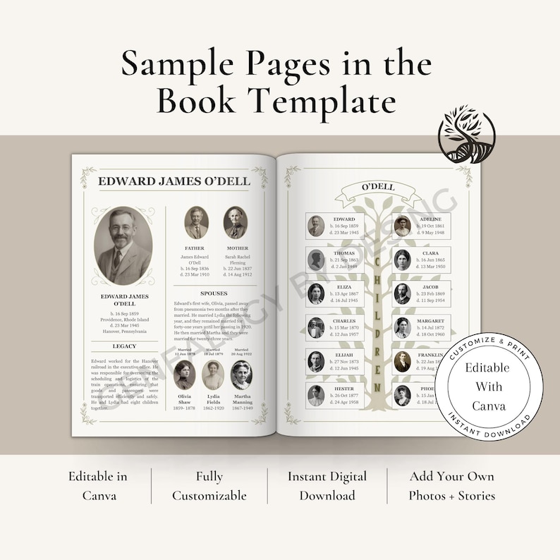 May include: A digital book template with sample family tree pages. The left page features a portrait and biographical information. The right page displays a family tree diagram with names and dates. Text includes "Sample Pages in the Book Template".