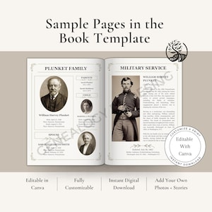 May include: Open book template pages with family history details. The left page features the Plunket family with portraits and vital information. The right page highlights William Harvey Plunket's military service. Includes text: Sample Pages in the Book Template, Editable in Canva, Instant Digital Download.