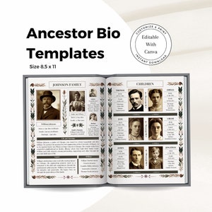 May include: A printable template for creating an ancestor bio with a vintage aesthetic. The template features a black and white photo of a man in a suit and hat, along with a family tree and biographical information. The template is customizable and can be edited using Canva.