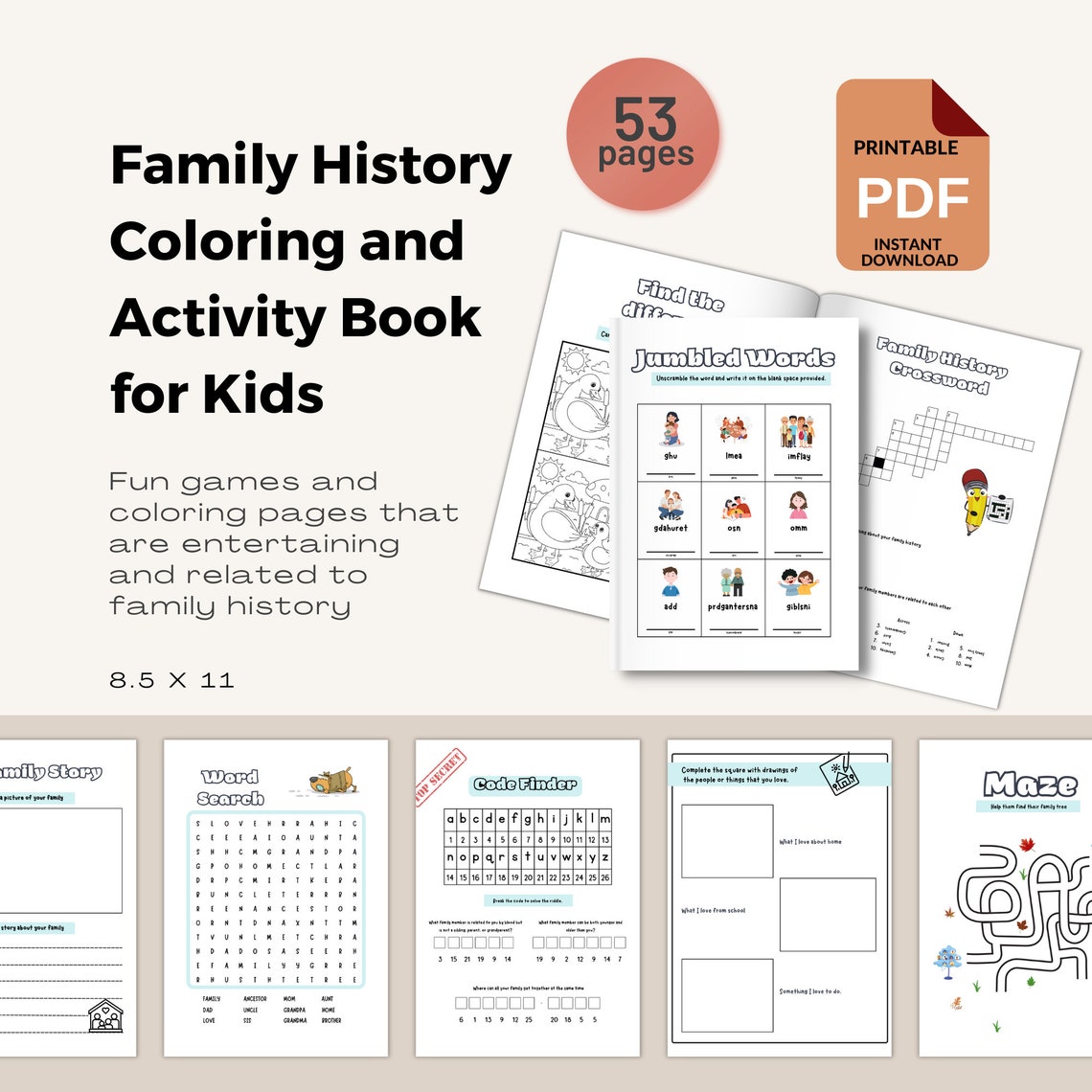 Kids Family History Coloring & Activity Book / Pedigree Chart / Instant ...
