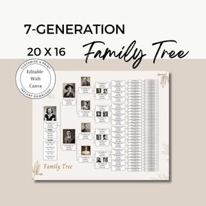 May include: A printable 7-generation family tree template in black and white with a floral design. The template is 20 inches by 16 inches and is editable with Canva. The template includes space for photos, names, dates, and other information.