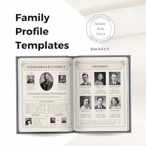 May include: A black and white family photo template with a vintage aesthetic. The template features a title card for the Fitzgerald family, with sections for a father, mother, children, spouse, and parents. The template is customizable and can be edited with Canva. The template is 8.5 inches by 11 inches.