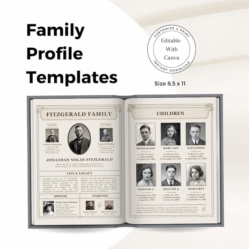 May include: A black and white family photo template with a vintage aesthetic. The template features a title card for the Fitzgerald family, with sections for a father, mother, children, spouse, and parents. The template is customizable and can be edited with Canva. The template is 8.5 inches by 11 inches.