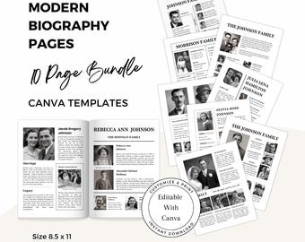 May include: A set of 10 printable Canva templates for creating modern biography pages. The templates feature black and white photos and text, and are designed to be customized with your own information. The templates are 8.5 inches by 11 inches.