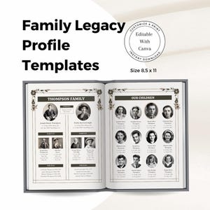 May include: A black and white family legacy profile template with a floral design. The template includes sections for parents, children, and siblings. The template is customizable and printable. The template is 8.5 inches by 11 inches.