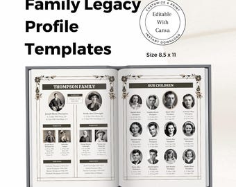 May include: A black and white family legacy profile template with a floral design. The template includes sections for parents, children, and siblings. The template is customizable and printable. The template is 8.5 inches by 11 inches.