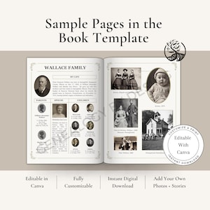 May include: A book template spread with the title "Sample Pages in the Book Template." The left page features a family tree with portraits and text. The right page displays vintage photographs. Text includes "Customize & Print" and "Instant Download."