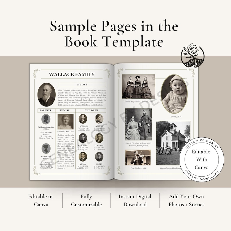 May include: A book template spread with the title "Sample Pages in the Book Template." The left page features a family tree with portraits and text. The right page displays vintage photographs. Text includes "Customize & Print" and "Instant Download."