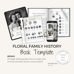 Floral Family History Book Template: 5-Generation Genealogy (Canva Editable, Digital Download)
