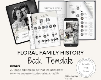 May include: A floral family history book template with a customizable cover and a 20-page editing guide. The template includes a family tree, photos, and space for stories. The book is 8.5 x 11 inches and is editable with Canva.