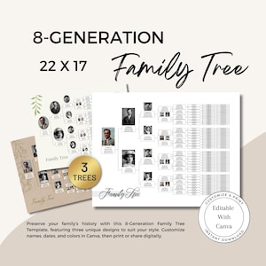 3 Customizable 8-Generation Family Tree Templates | Editable Canva Pedigree Chart | Instant Download