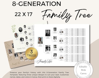Puede incluir: Tres plantillas de árbol genealógico de 8 generaciones imprimibles en blanco y negro. Cada plantilla presenta un diseño diferente con espacio para fotos y nombres. El texto "Editable with Canva" y "Instant Download" está incluido en la imagen.