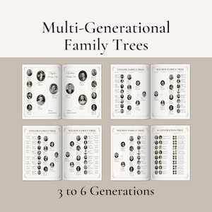 May include: Multi-generational family trees with portraits, showcasing 3 to 6 generations. The family trees are displayed in open books, with names and dates. The text "Multi-Generational Family Trees" and "3 to 6 Generations" are visible.