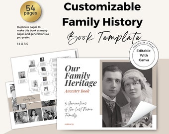 Może przedstawiać: Dostosowywalny szablon książki historii rodziny z 54 stronami. Szablon zawiera czarno-białe zdjęcie pary i tekst "Our Family Heritage Ancestry Book 5 Generations of the Last Name Family written by:". Szablon można edytować w Canva.