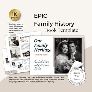 May include: A digital template for creating a family history book. The template features a black and white photo of a couple, a title that reads "Our Family Heritage Ancestry Book", and the text "The Last Name and Last Name Family". The template is customizable and printable. The text "Editable with Canva" and "Instant Download" is also visible.