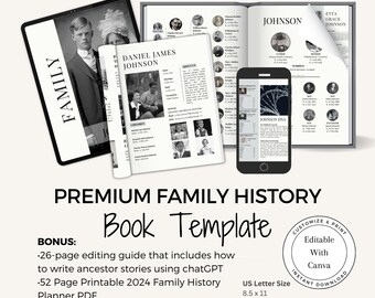 PREMIUM Family History Book / Canva Template / Bonus Family History Workbook / Detailed Instructions / Easy-to-Edit Ancestry Printable Book